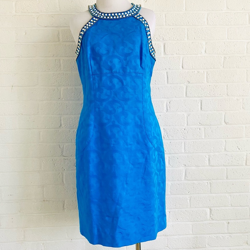 LAUNDRY SHELLI SEGAL DRESS 8 TURQUOISE BLUE EMBELLISH NECKLINE SLEEVELESS CHIC